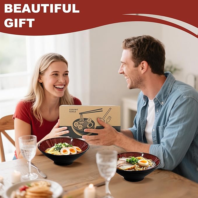 9.4-Inch 2 Sets Ceramic Ramen Bowl (8 Piece) - Japanese Porcelain Dishwasher Microwave Safe Salad Noodles Cereal Pasta Soup Large Bowls with Chopsticks Forks Spoons for Men Women Housewarming Gift