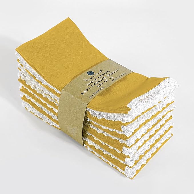 FINGERCRAFT Dinner Cloth Napkin Cotton Linen Blend 12 Pack Mitered Corners with Elegant Lace for Everyday Use Napkins are Pre Shrunk and Good Absorbency 20in x 20in, Gold