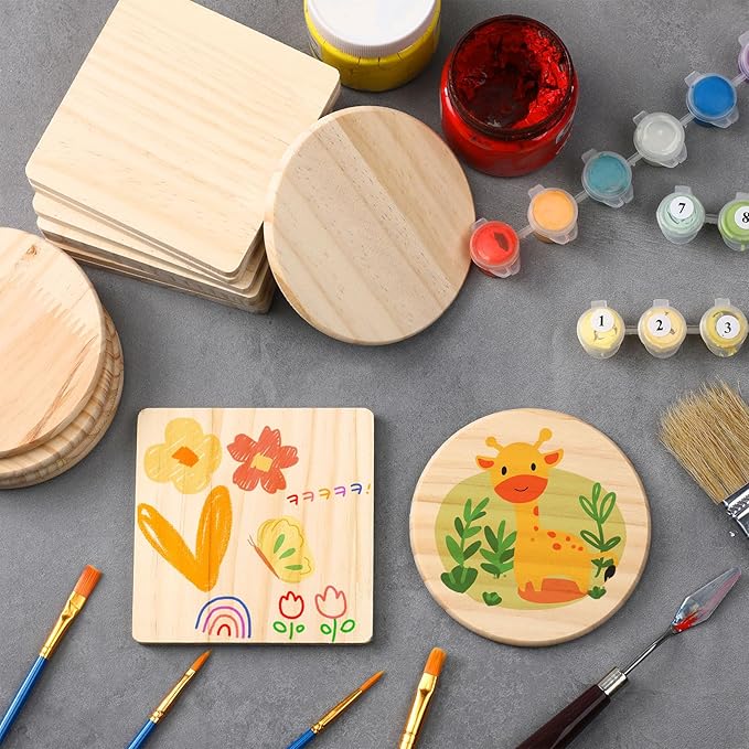 Hushee 72 Pcs Unfinished Wood Coasters 4 Inch Blank Wooden Coasters for Crafts with Non Slip Foam Pad Stickers Wooden Craft Tabletop Protection for Christmas DIY Painting Engraving Home Decoration