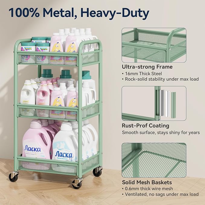 3 Tier Metal Rolling Cart, Art Workspace, Bedside Storage - Image 2