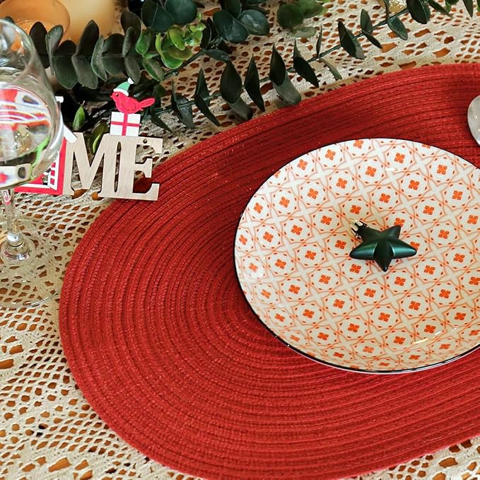 Noctiflorous Oval Braided Placemats Set of 8 Woven 12x18 Inch Non Slip Washable Heat Resistant Place Mats Round Tablemats for Dining Kitchen Party Daily Table Decor Dinner Mats (Red Shine, 8)