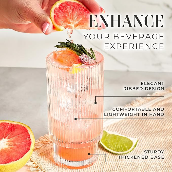 Kitchen Lux Ribbed Glass Cups 12oz Highball Tall Glass | Stackable Ribbed - Image 4