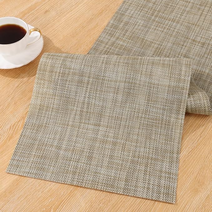 SHACOS Woven Vinyl Table Runners 12 x 54 inch Wipeable Table Runner Heat Resistant Runner for Table Indoor Outdoor, Beige