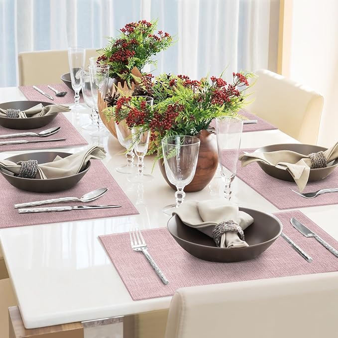 Faux Leather Placemats Set of 4 Washable PU Table mats for Kitchen Table - Heat Resistant, Waterproof, Easy Clean, Anti Slip 11.8" x 17" (Pink-4 Pack)