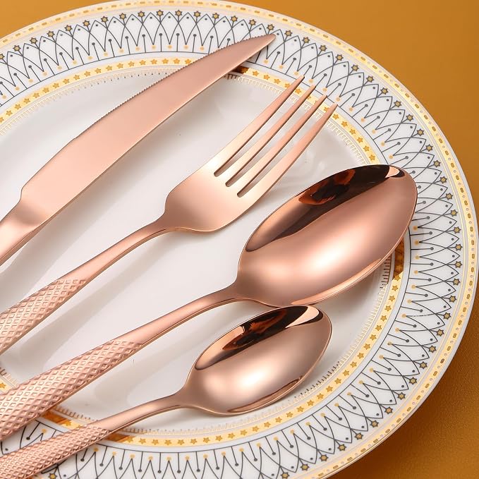 Hammered Flatware Set Copper/Rose Gold Silverware 20 Piece Stainless Steel - Image 4