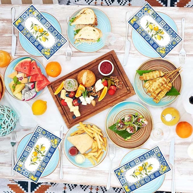 Amalfi Coast Party Decorations - 100 Pcs 7.9 x 4.3 in Lemon Napkin Blue Tiles Mediterranean Disposable Paper Hand Towels, Summer Fruit Lemonade Lemons Theme Birthday Bridal Shower Supplies