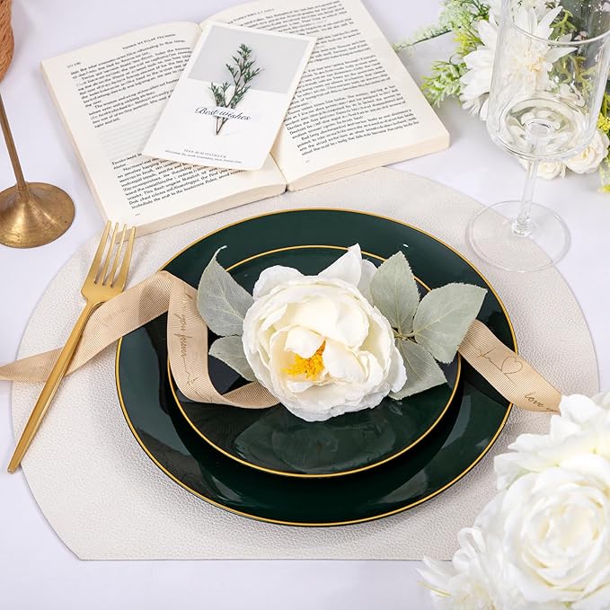 bUCLA 100PCS Green Plastic Plates - Heavy Duty Green Disposable with Gold Rim Include 50 Dinner 10 inch & 50 Dessert 7 inch Plates, Ideal for Party & Christmas