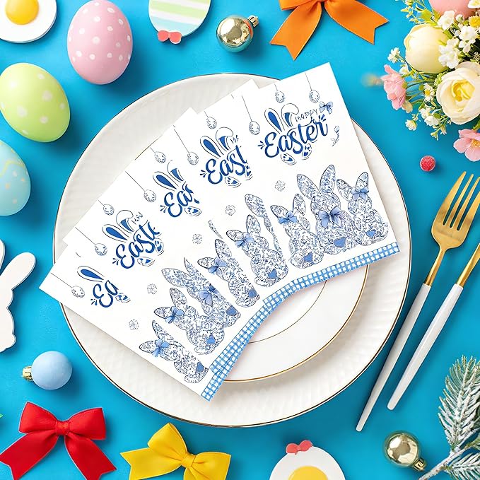 Easter Bunny Chinoiserie Napkins - 100 Pcs Blue White Happy Paper Dinner Disposable Party Decorations Sets Decorative Guest Cocktail Table Luncheon Beverage Supplies Decor Bulk 7.9 x 4.3 In