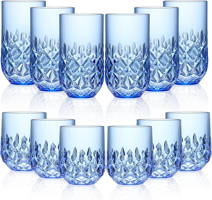 Acrylic Drinking Glasses Set of 12 Blue Mixed Drinks Glassware Unbreakable Palstic Tumbler and Rocks Glass Set 6pcs 18oz Highball and 6pcs 12 oz Cocktail Glasses for Cocktail Iced Coffee Beer Whiske