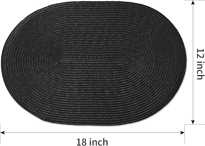 FunWheat Oval Braided Placemats Set of 8 Table Mats for Dining Tables Washable Heat Resistant Place Mats for Indoor Outdoor Use 12 x18 Inch(Oval Black, 8pcs)
