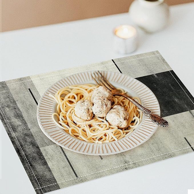 Gradient Placemat Set, Modern Minimal Black White Grey Abstract Geometric Shape Line Patchwork Pattern Home Decor Linen Table Mats for Dining Room Kitchen Party (17x12in) x6P