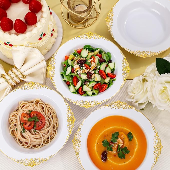 100PCS Gold Plastic Bowls - 12 oz White Disposable Salad Bowls - Heavy Duty Soup Serving Bowl - Fancy Plastic Ice Cream Bowl for Parties, Dinners, Catering, Picnics