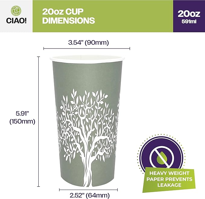 CIAO! 20oz Paper Hot Cup, Rooted Olive Print, (Case of 600)