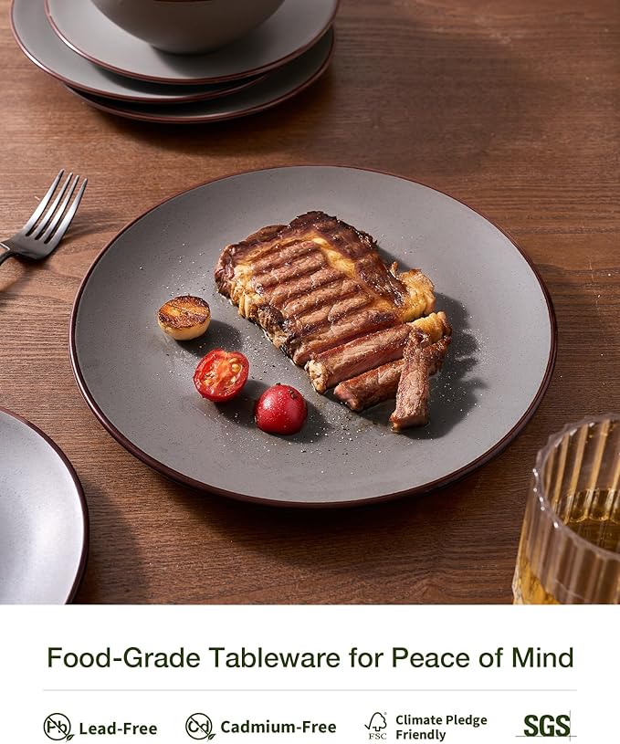 Famiware Venus Speckled Dinnerware Set with Pasta Bowls, Service for 4 (16 Pieces), Stoneware Plates and Double Bowls Sets, Microwave & Dishwasher-Safe Dishes with Trim, Matte Dark Grey