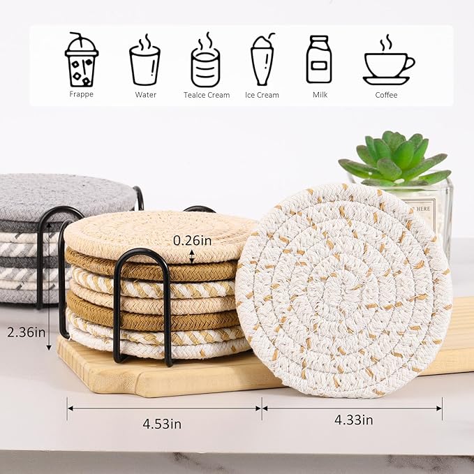 16Pcs Drink Coasters with Holder, 8 Colors Absorbent Coasters Minimalist Cotton Woven Coaster for Living Room Decor,Tabletop
