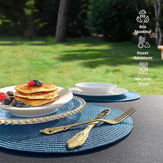 FunWheat Oval Braided Placemats Set of 4 Table Mats for Dining Tables Washable Heat Resistant Place Mats for Indoor Outdoor Use 12 x18 Inch(Oval Blue, 4pcs)