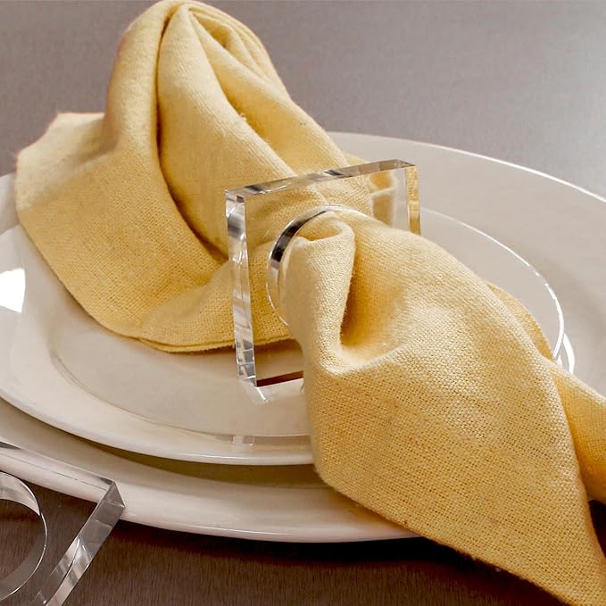 CLEENTABLE Acrylic Set of 12 Square Beveled Napkin Ring - Cloth Napkin Rings Serviette Buckles for Wedding, Birthday, Banquet, Table Décor, Home Décor, Gifting (Transparent)
