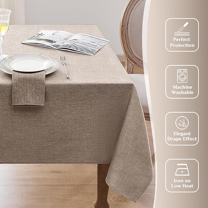 Softalker Large Tablecloths Rectangular 60x104 inch Faux Linen Table Cloth Outdoor Waterproof Stain and Wrinkle Resistant Table Cover for 6/8 Foot Rectangle Dining Table for Party Graduation, Brown