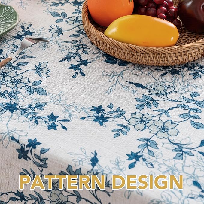 H.VERSAILTEX Linen Table Cloths Floral Printed Tablecloth Spill-Proof Waterproof Table Cover for Dining Buffet Feature Soft and Thick Fabric Wrinkle Free, 60 x 120 Inch, Retro Floral - Stone Blue