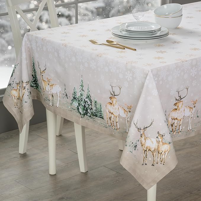 Maison d' Hermine Table Cloth Rectangle Table 100% Cotton 70 x 90 Inches Fall Tablecloth Reusable Everyday Use for Thanksgiving Christmas Decorations Dining Farmhouse Party (Deer in The Woods)