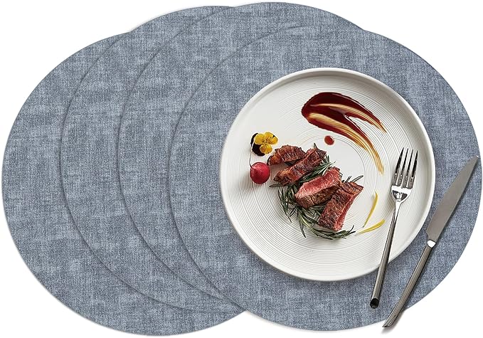 15 inch Faux Leather Round Placemats Set of 4 Non-Slip Washable Wipeable Table Mats, Heat Resistant Waterproof Oilproof Place Mats for Kitchen, Dining, Party, Indoor, Outdoor Blue