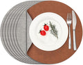 Myir JUN Reversible Vinyl Round Placemats Set of 8, Faux Leather Place Mats Dual Sided Waterproof Wipeable, Heat-Resistant Table Mats for Kitchen Dining Indoor Outdoor (14", Light Gray Reddish Brown)