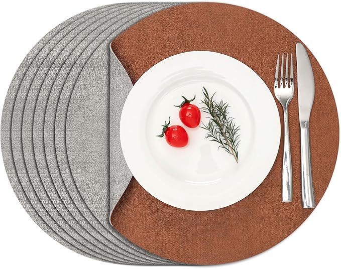 Myir JUN Reversible Vinyl Round Placemats Set of 8, Faux Leather Place Mats Dual Sided Waterproof Wipeable, Heat-Resistant Table Mats for Kitchen Dining Indoor Outdoor (14", Light Gray Reddish Brown)