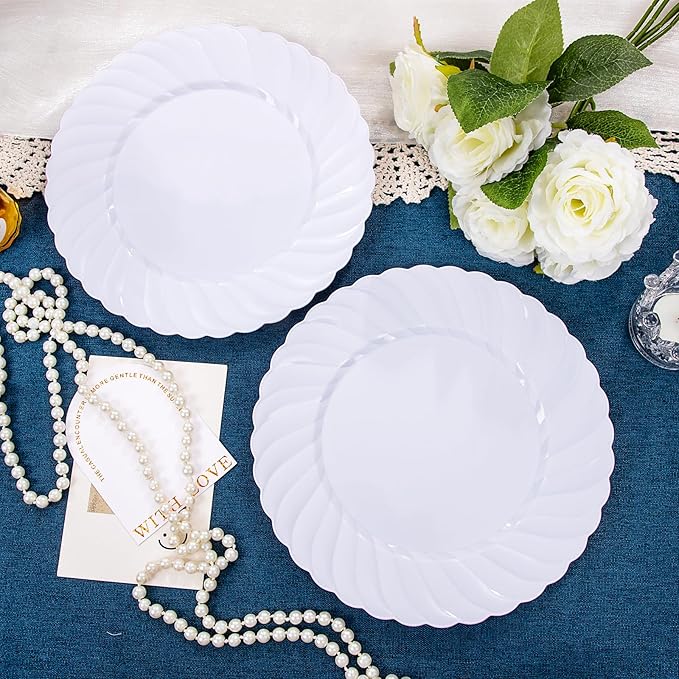 U-QE 60 Pieces White Plastic Plates - 9 Inch White Disposable Plates - Washable & Reusable - Premium Hard Plates - Party Supplies for Birthdays, Celebrations, Travel, Wedding, Party and Events