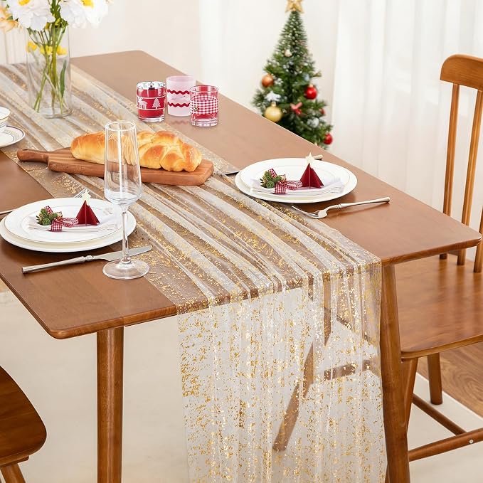 SiinvdaBZX 4 Pcs White Gold Sheer Tulle Table Runner 120 Inch/10 Ft Long | - Image 2