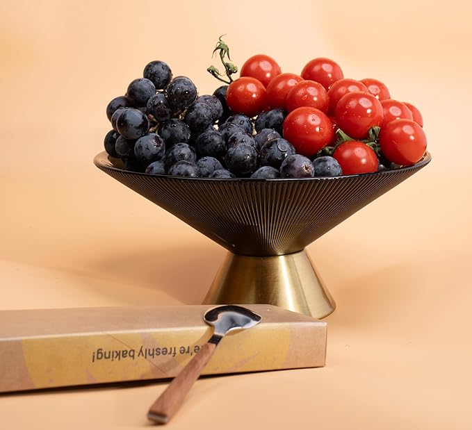 Tapered Glass Decorative Bowl (Gray), 9.8 Inches Handblown Striped Design Fruit Bowl with Rust-Resistant Metal Base for Home Decor, Table Centerpiece, Kitchen Island and Dining Decor