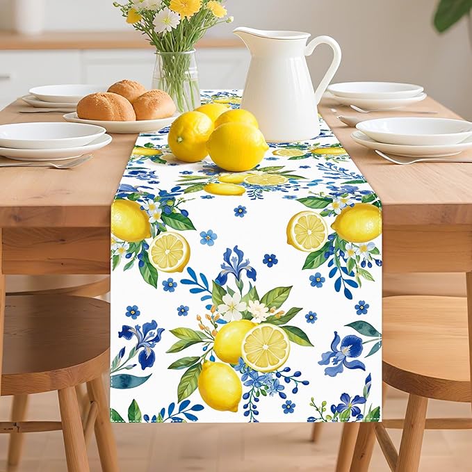 Lemon and Blue Floral Table Runner, 90 x 13 inches, Easy Care Machine Washable - Image 4