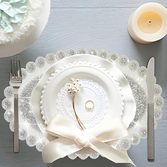 Sparkling Silver Diamond Placemats Bling Oval Place Mat Heat Elegant Table Decor for Weddings, Holidays, and Special Events (15x9 Inch)-4 PCS