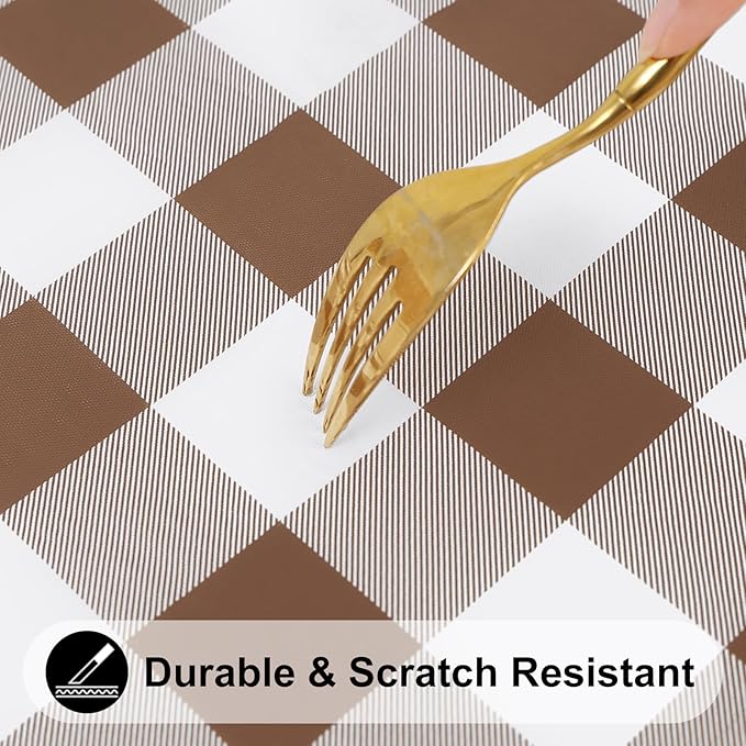 Smiry Rectangle Picnic Table Cloth, Elastic Waterproof Fitted Vinyl Tablecloths, Flannel Backed Buffalo Plaid Table Covers for Dining, Camping, Outdoor (White and Brown, 30" x 48")
