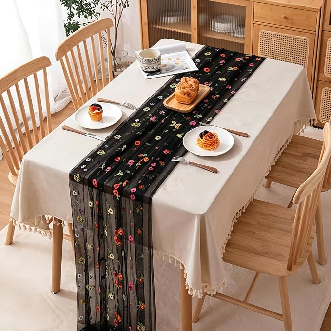 BINBE 3pcs Black Daisy Spring Table Runner Embroidery Gauze 10FT Florals - Image 3