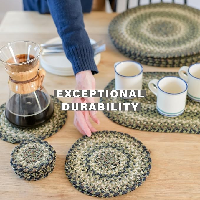 Homespice Pinecone Jute Braided Oval Placemats, Warm Country Rustic Decor, Set of 6, 13x19 Green Table Mats - Vibrant Colors, Durable, Easy to Clean and Protects Furniture
