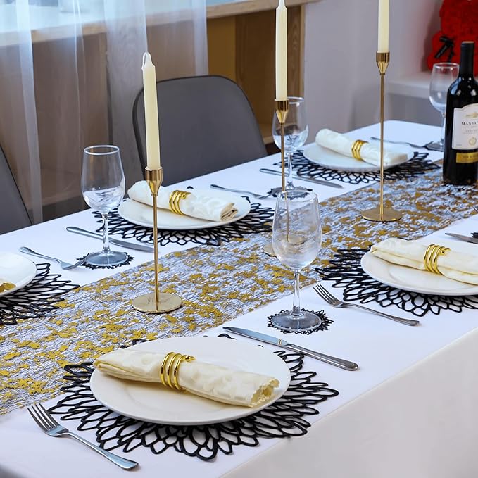 Snowkingdom Pack of 12 Black Placemats Washable Pressed Vinyl Laser Cut Dining Table Mats Round Floral Charger Decoration for Christmas Halloween Thanksgiving Wedding