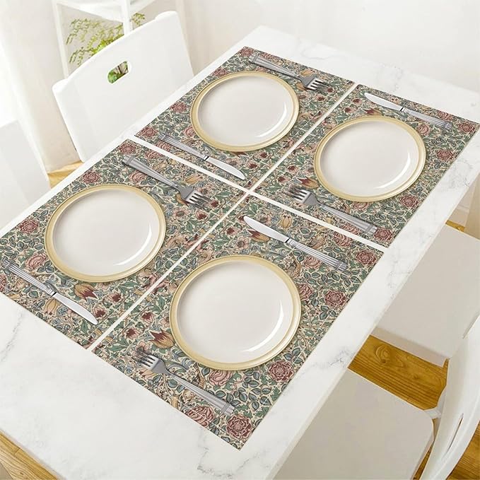 William Morris Placemat Set, Beige Blue Pink Vintage Rustic Art Exotic Ethnic Floral Bird Seamless Pattern Home Decor Linen Table Mats for Dining Room Kitchen Party (17x12in) x2P