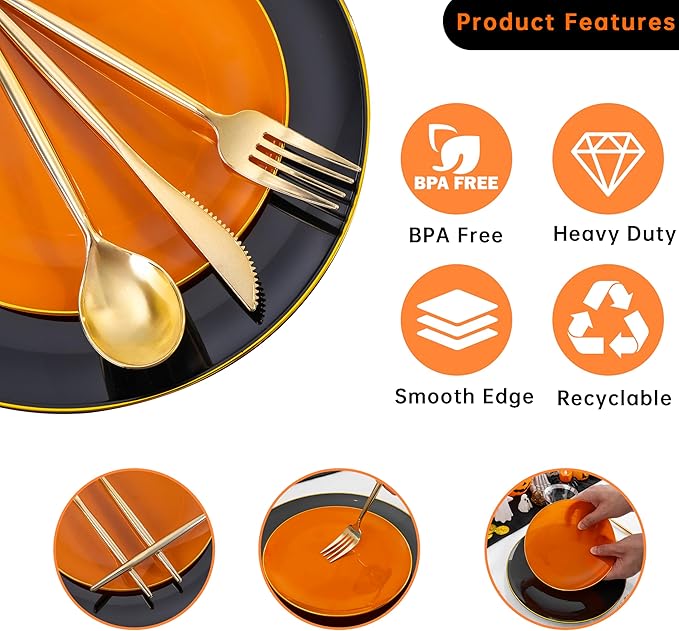 MirthMood 210PCS black and orange Plastic Plates,Black Disposable Plates –Plastic Plates Set Includes 30 Dinner,30 Dessert Plate,30 Cup&30 Napkins, 30 Gold Silverware for Wedding& Thanksgiving