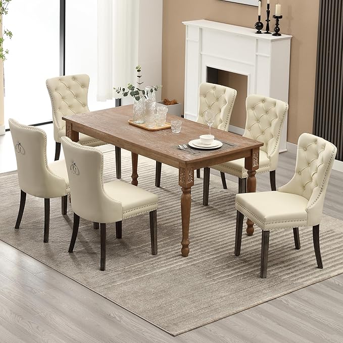 KCC Faux Leather Dining Chairs Set of 2, Upholstered High-end Tufted Dining Room Chair with Nailhead Back Ring Pull Trim Solid Wood Legs, Contemporary Nikki Collection Modern Style for Kitchen, Beige