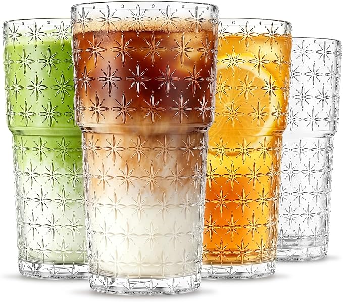 INSETLAN 20oz Sparkling Star Glass Cups Set of 4, Vintage Drinking Glasses by INSETLAN