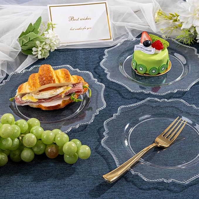 COLOSUS 100pcs 7.5 Inch Clear Plastic Dessert Plates-Heavy Duty Disposable Plastic Cake Plates,Premium Salad Plate,Fancy Disposable Cake Plate for Party for Party Thanksgiving and Everyday Use