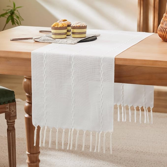 Braided Farmhouse Table Runner, Braided White 13x90 Inch, Cotton Linen Table by Unknown