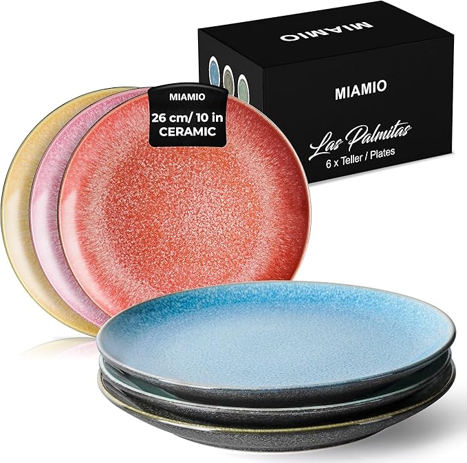 MIAMIO – Set of 6, Dinner Plates, Ceramic Plates, Kitchen plates, Plate Sets – Microwave Safe Plates, Oven and Dishwasher Safe – Las Palmitas Collection