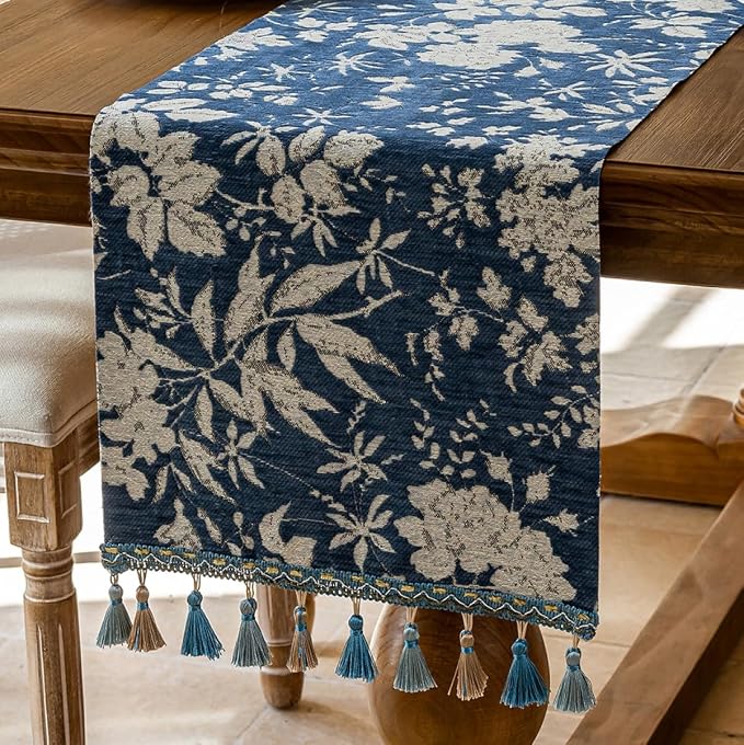 Botanical Jacquard Floral Dining Table Runner Blue 13 x 71 Inch | Jacquard - Image 2