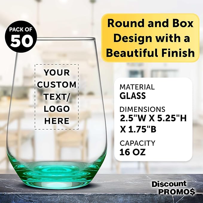 DISCOUNT PROMOS 50 Vaso Silicia Stemless Wine Glasses Set, 16 oz. - Personalized Text, Logo - Clear, Orb-Like, Thick base - Green