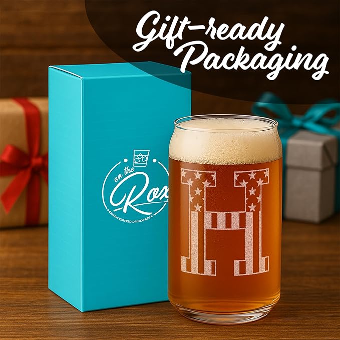 Monogram Beer Glasses for Men (A-Z) 16 oz - Beer Gifts for Men Brother Son Dad Neighbor - Unique Gifts for Him - Personalized Drinking Gift Beer Glass Mugs - Engraved Beer Can Glass (H)