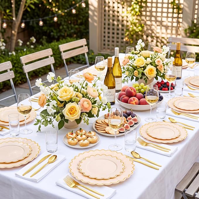 LIYH 100 Pcs Pink Plastic Plates Set, Wide Gold Scalloped Edge - Image 7