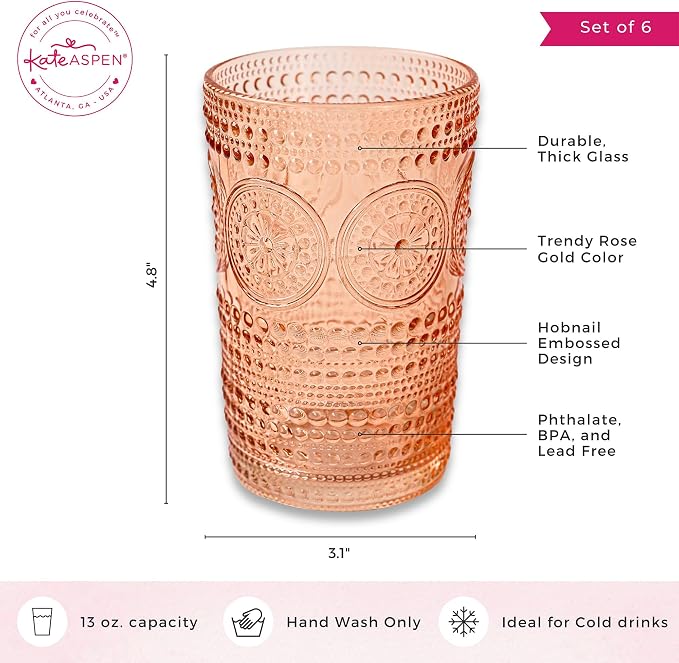 Hobnail Beaded Floral Rose Gold Drinking Glasses Set of 6, Vintage Glassware - Image 6