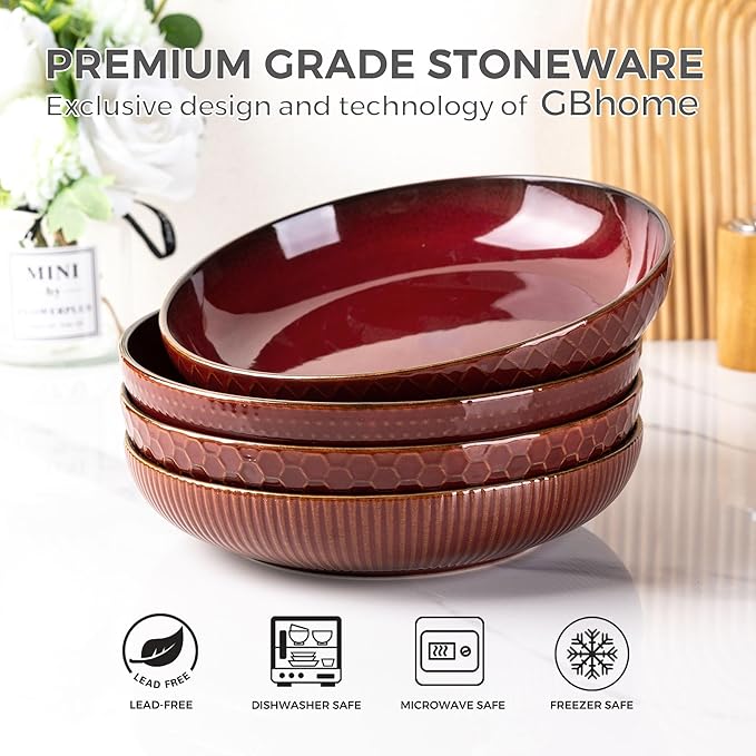 GBHOME 9.5'' Large Pasta Bowls, 42 Ounce Stoneware Salad Bowls for Kitchen, Ceramic Serving Bowls With Textured Pattern for Pasta,Fruit, Stews,Noodle, House-warming Gift,Set of 4-Burgundy Red