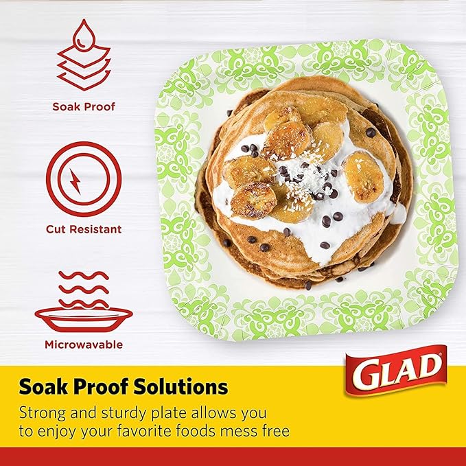 Glad Square Disposable Paper Plates, Green Victorian Pattern - Strong, Sturdy, Soak Proof, and Microwavable Decorative Plates for Dinner and Everyday Use, 10 Inch, 50 Count - 12 Pack